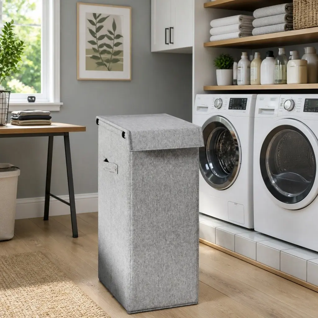 Foldable Laundry Hamper Faux Linen Fabric Grey 26x34.5x59.5cm Storage Basket with Lid