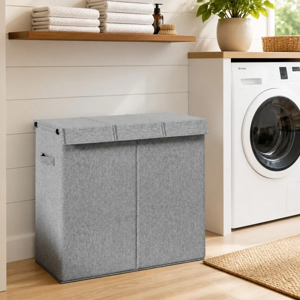Laundry Hamper 3-Section Grey Faux Linen Fabric 64.5x34.5x59cm Foldable with Lid and Side Handles