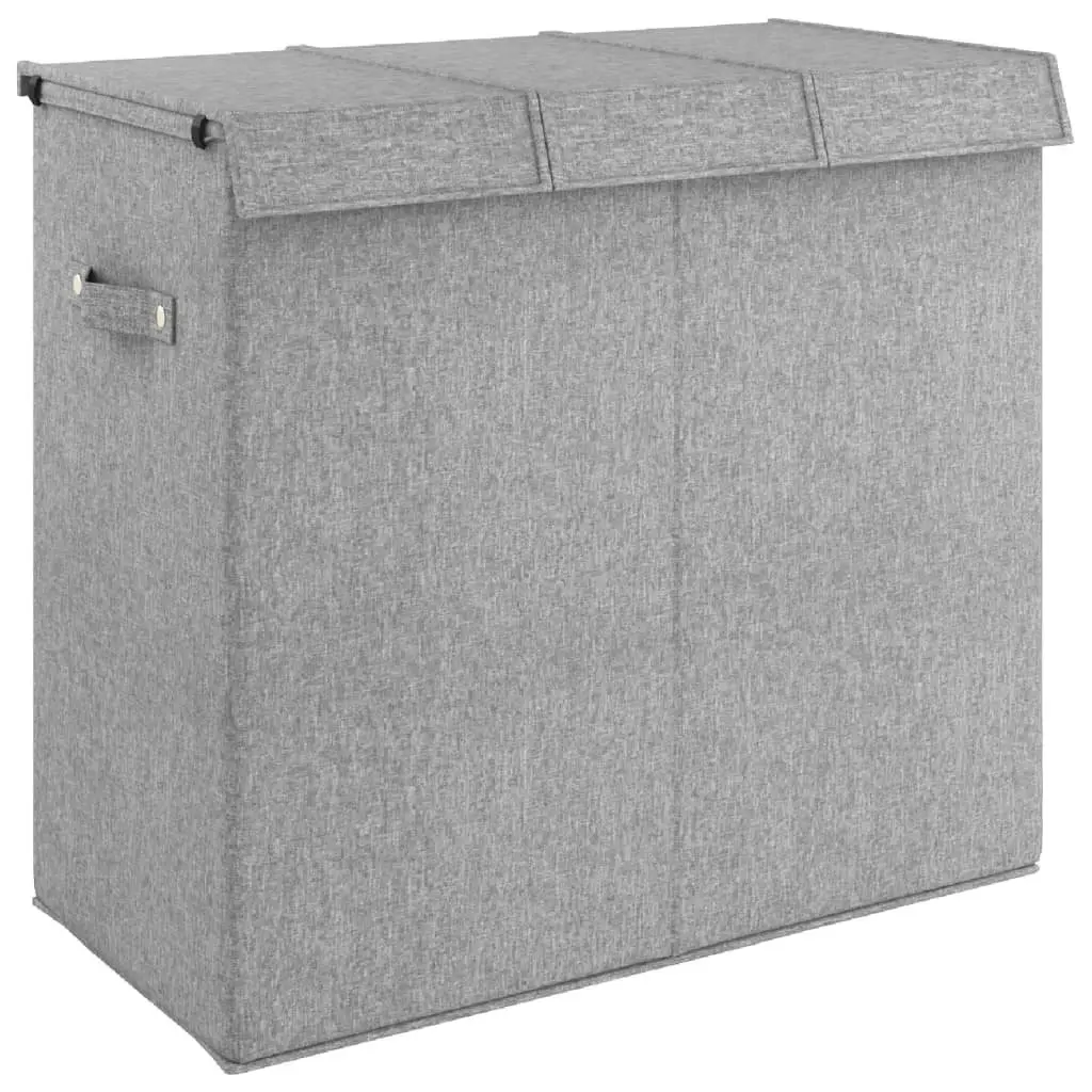 Laundry Hamper 3-Section Grey Faux Linen Fabric 64.5x34.5x59cm Foldable with Lid and Side Handles
