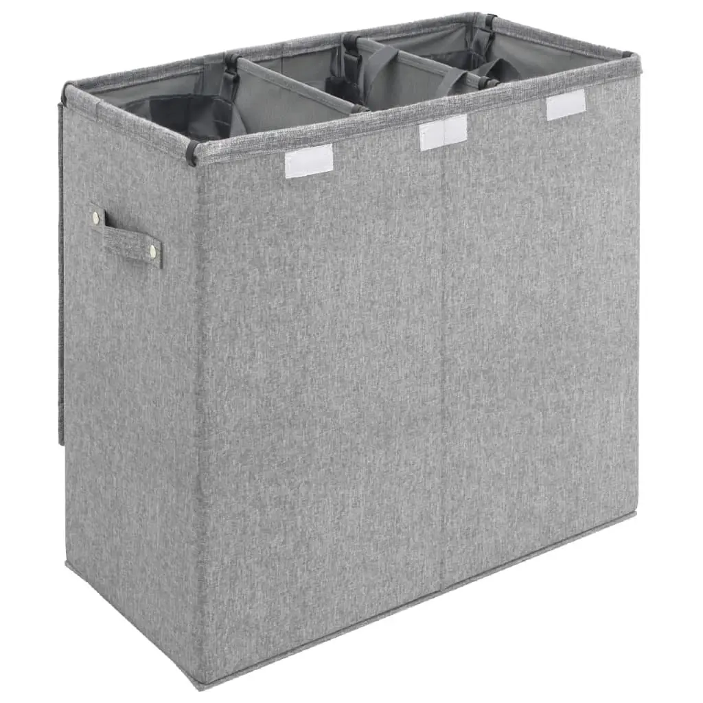 Laundry Hamper 3-Section Grey Faux Linen Fabric 64.5x34.5x59cm Foldable with Lid and Side Handles