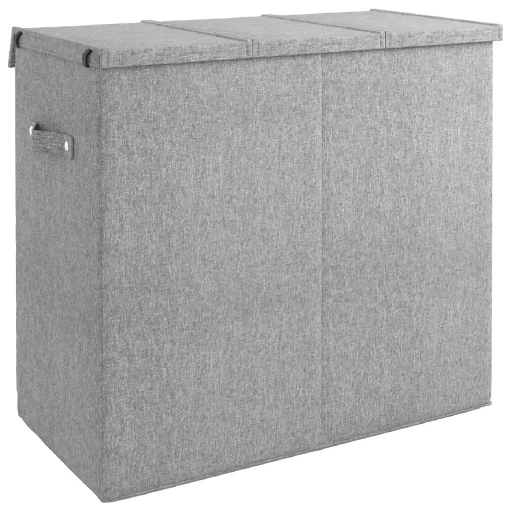 Laundry Hamper 3-Section Grey Faux Linen Fabric 64.5x34.5x59cm Foldable with Lid and Side Handles