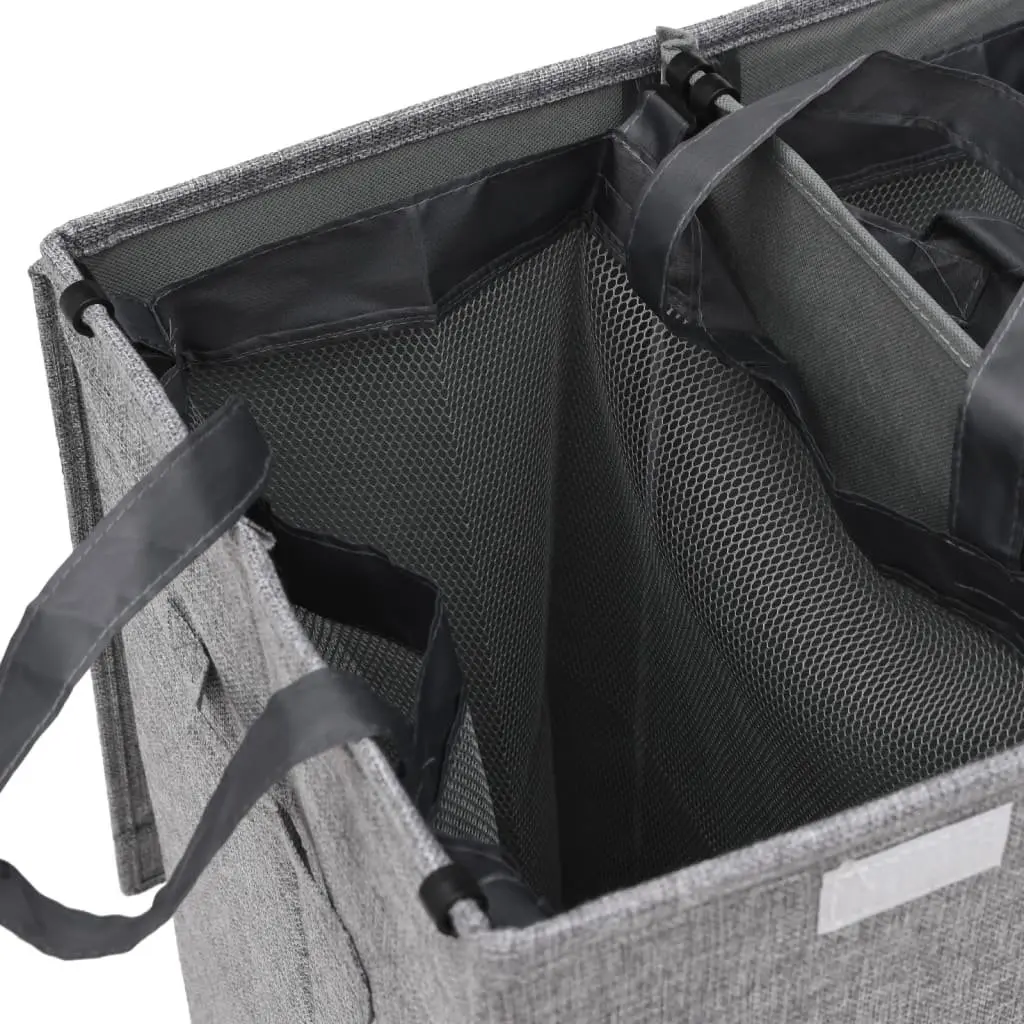 Laundry Hamper 3-Section Grey Faux Linen Fabric 64.5x34.5x59cm Foldable with Lid and Side Handles