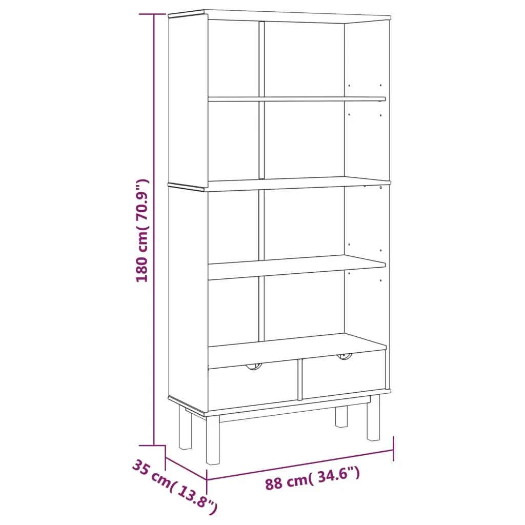 Wooden Bookcase with 2 Drawers Brown Solid Pine Scandinavian Design Storage