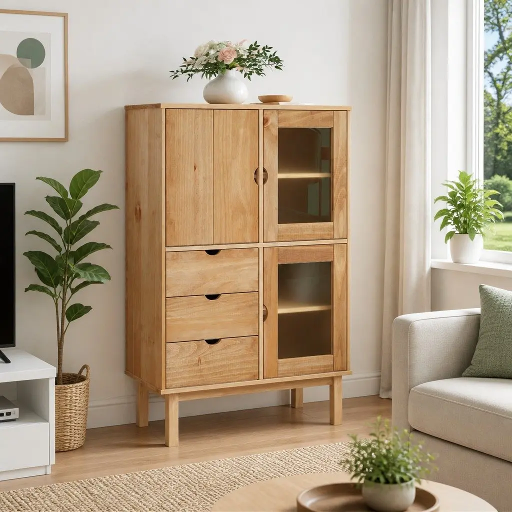 Highboard Solid Wood Pine Storage Cabinet 85x43x125cm 3 Drawers Sideboard Brown