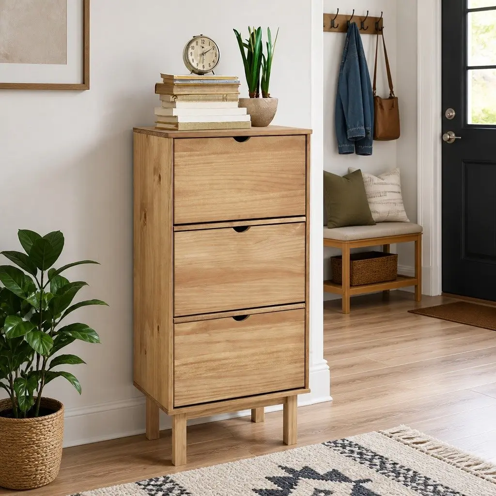 Shoe Cabinet with 3 Drawers Brown Solid Pine Wood Storage Organiser Furniture