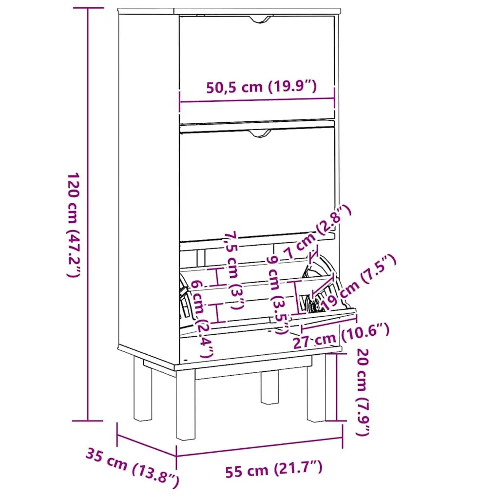 Shoe Cabinet with 3 Drawers Brown Solid Pine Wood Storage Organiser Furniture