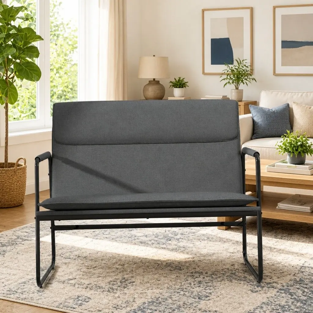 Bench Grey Fabric Upholstered Seating Furniture Metal Frame Living Room 100 x 64 x 80 cm