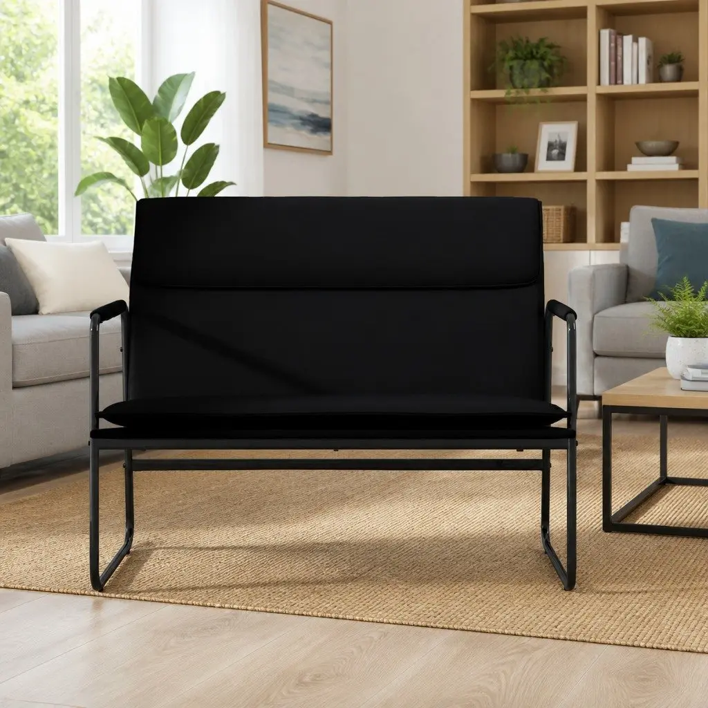 Faux Leather Bench Seating Upholstered Padded Back Rest Black Metal Frame 100 x 64 x 80 cm