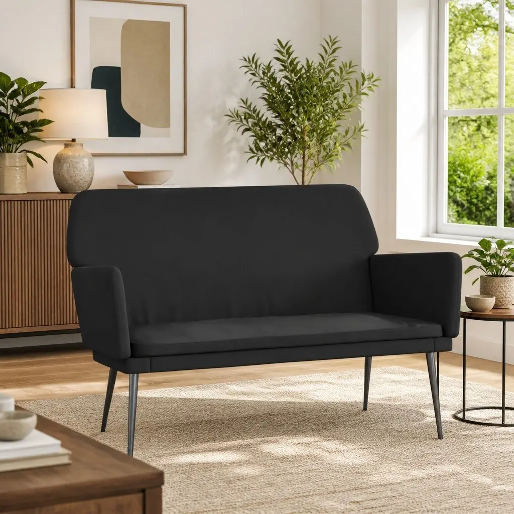 Upholstered Velvet Bench Padded Seat Armrests Metal Frame Black Lounge Chair