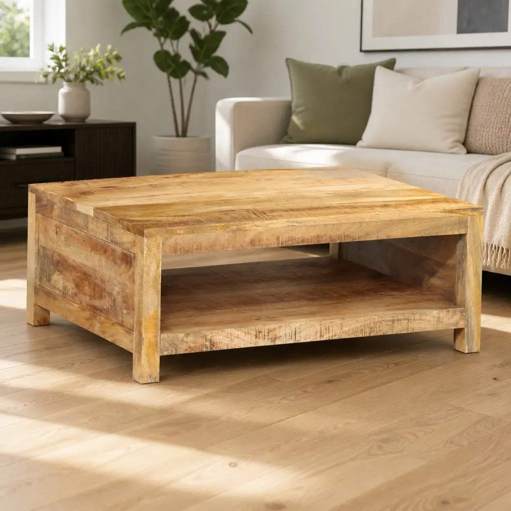 Coffee Table Solid Mango Wood 80x55x30 cm Brown with Storage Compartment