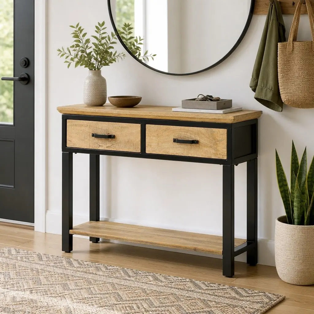 Console Table Solid Mango Wood 110cm x 30cm x 75cm Brown 2 Drawers Shelf Modern Storage Entryway