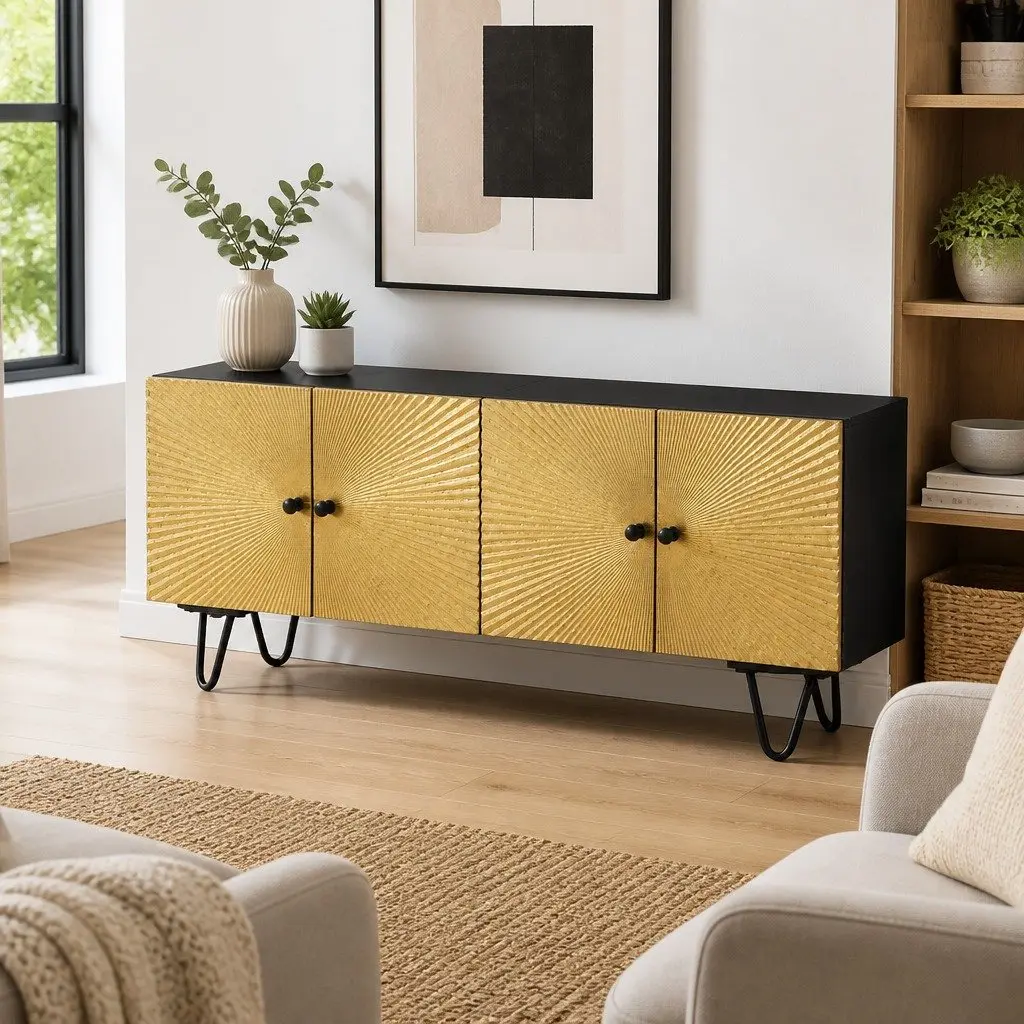 TV Cabinet Solid Mango Wood 110x30x45cm Gold Storage Unit with Doors Compartments