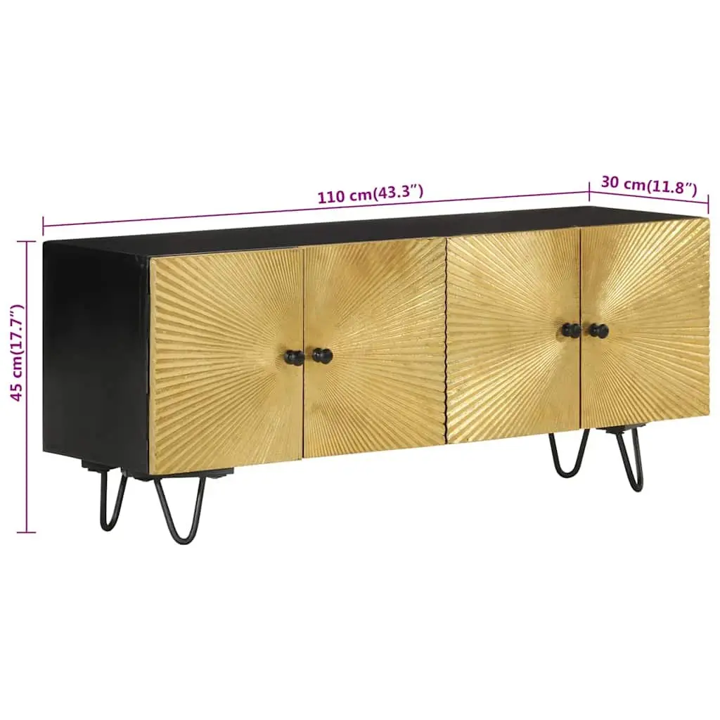 TV Cabinet Solid Mango Wood 110x30x45cm Gold Storage Unit with Doors Compartments