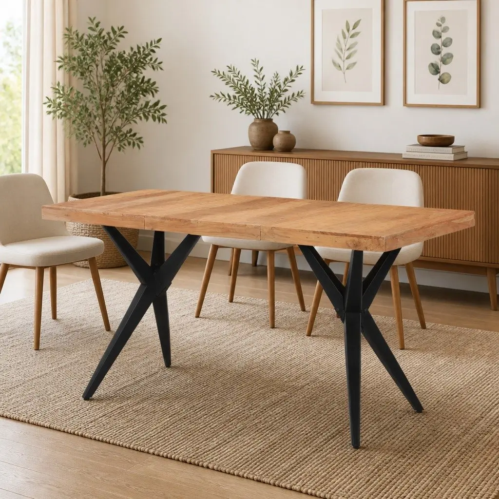 Dining Table Solid Acacia Wood 140x70x76cm Black Iron Frame Industrial