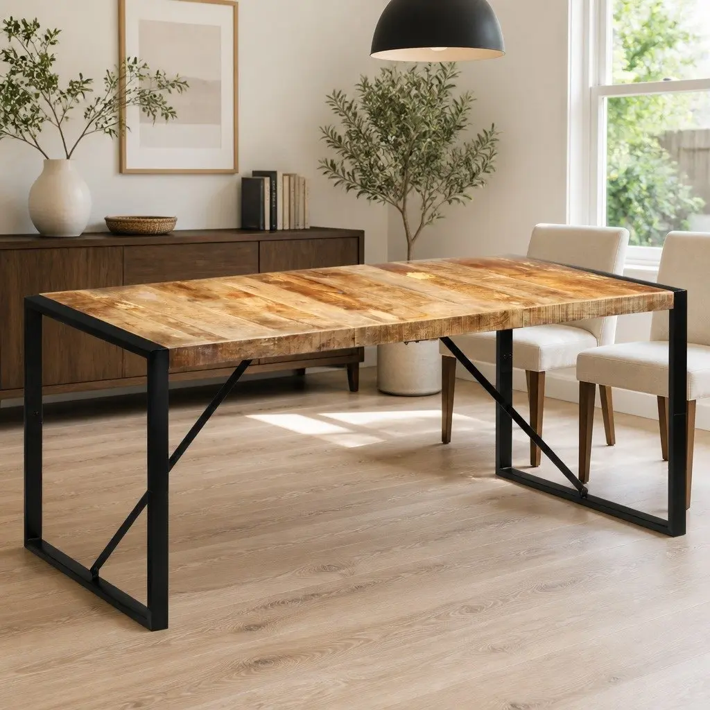 Dining Table Solid Mango Wood 175x90x76 cm Brown Metal Frame