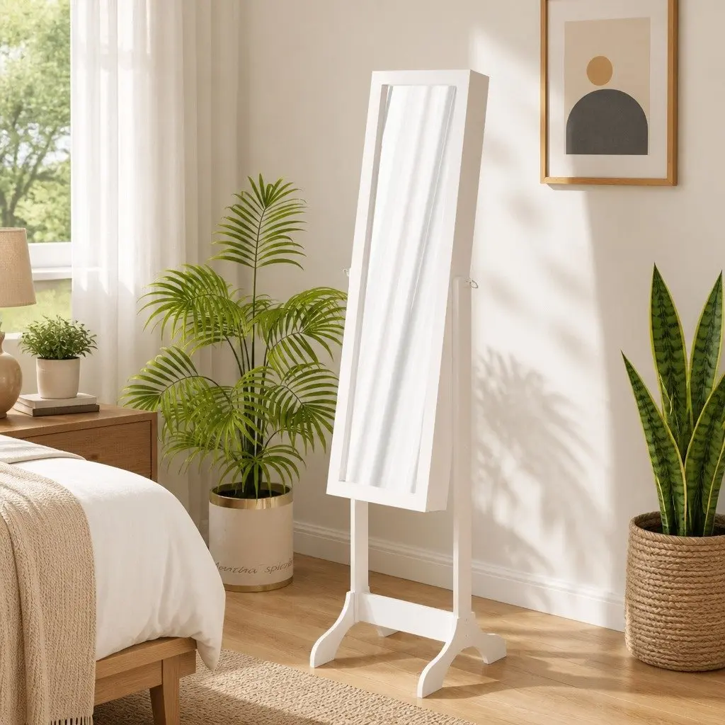 Floor Mirror White Engineered Wood Storage 34x37x146cm for Bedroom Hallway Dressing Room