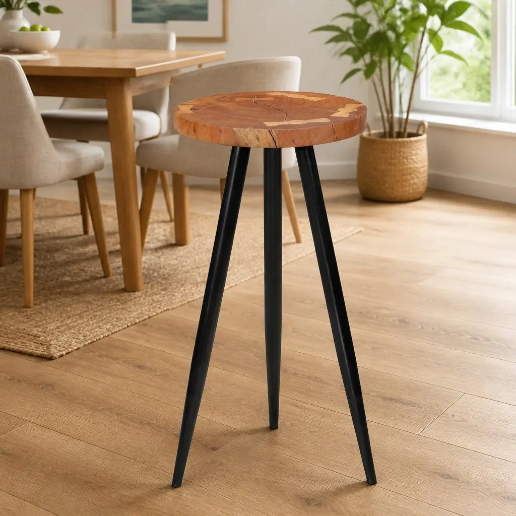 Log Bar Table Solid Wood Acacia Round Dining Kitchen Industrial Style Iron Legs