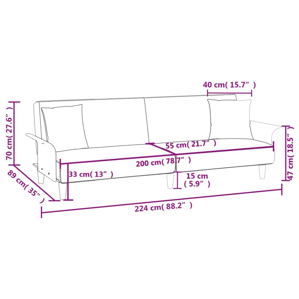 Sofa Bed Fabric Black Adjustable Backrest Armrests