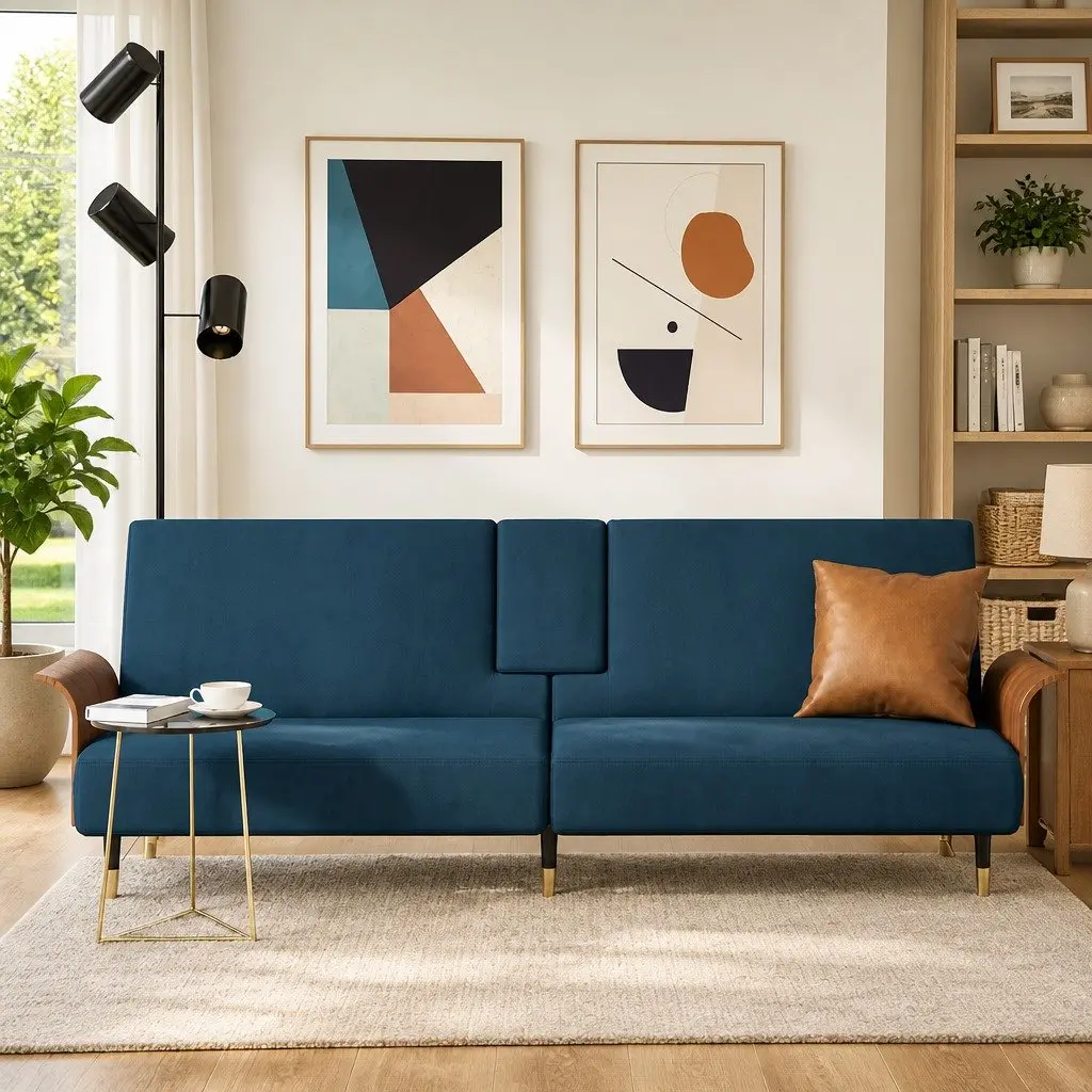 Sofa Bed Blue Velvet with Adjustable Backrest Foldable Tea Table USB Ports and Cup Holders