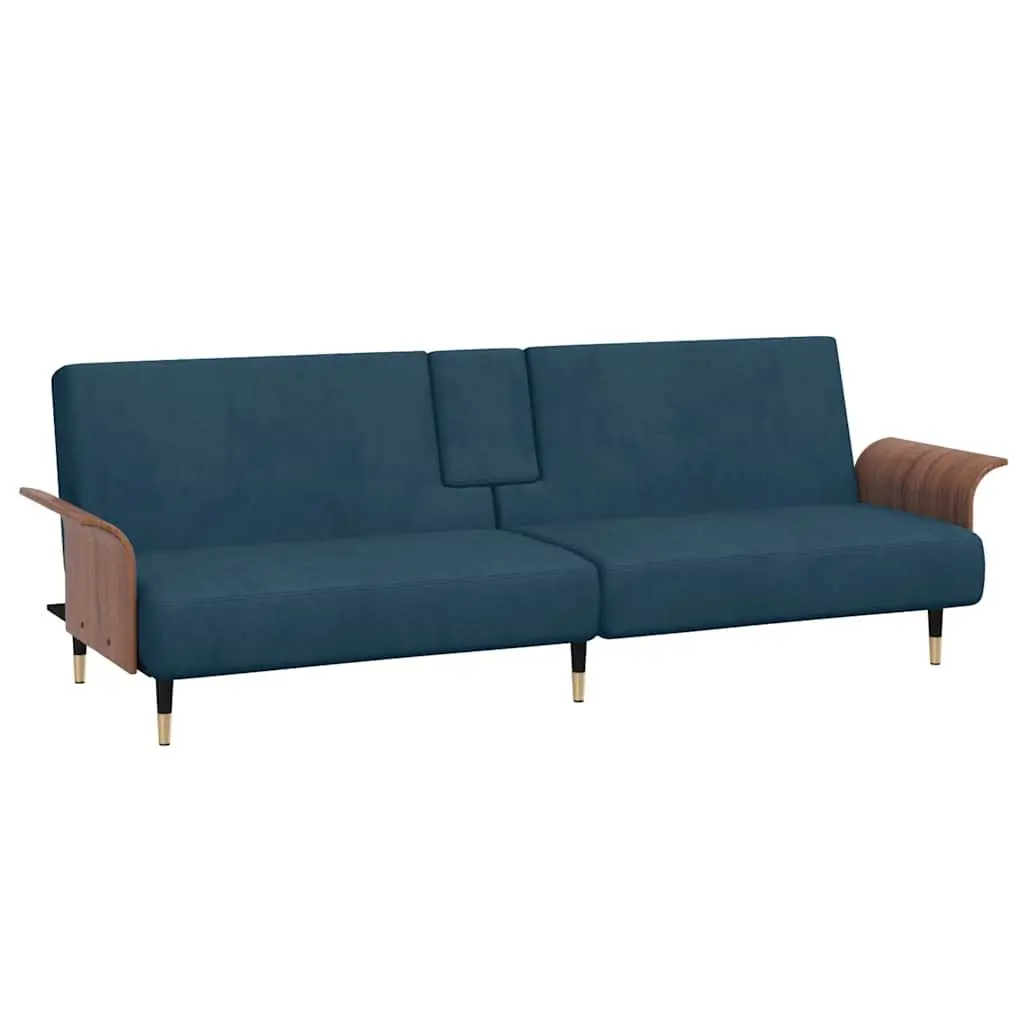 Sofa Bed Blue Velvet with Adjustable Backrest Foldable Tea Table USB Ports and Cup Holders