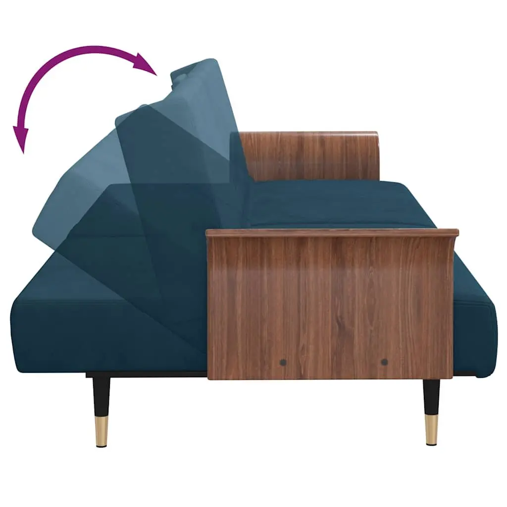Sofa Bed Blue Velvet with Adjustable Backrest Foldable Tea Table USB Ports and Cup Holders