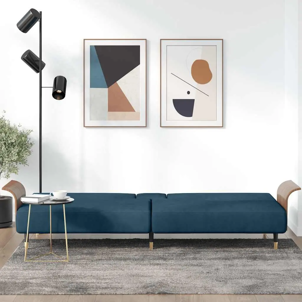 Sofa Bed Blue Velvet with Adjustable Backrest Foldable Tea Table USB Ports and Cup Holders