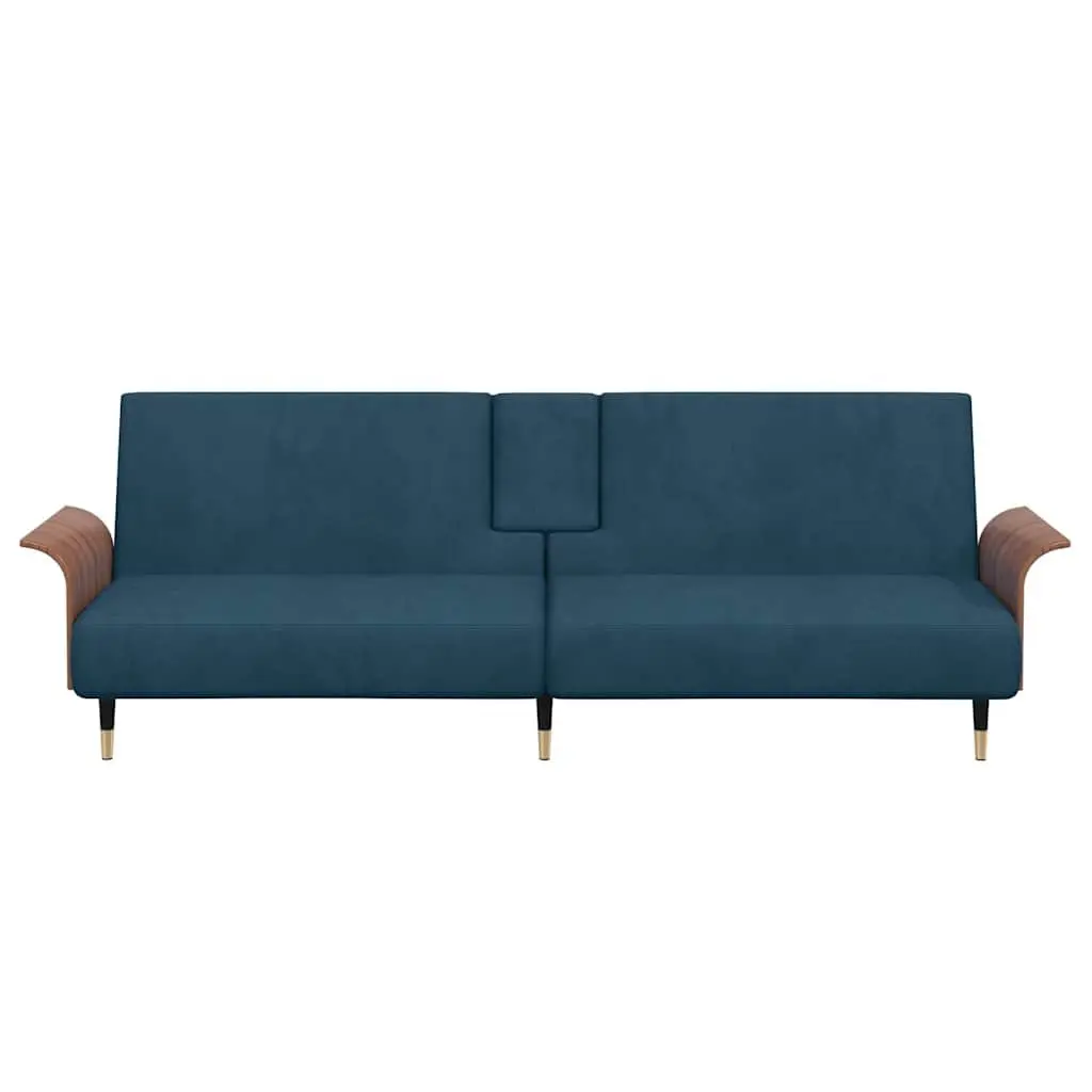 Sofa Bed Blue Velvet with Adjustable Backrest Foldable Tea Table USB Ports and Cup Holders