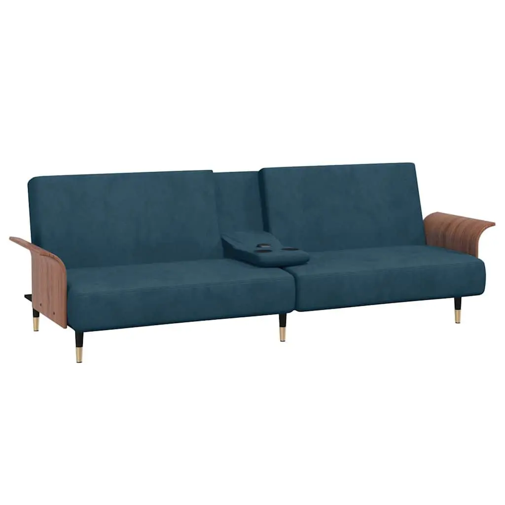 Sofa Bed Blue Velvet with Adjustable Backrest Foldable Tea Table USB Ports and Cup Holders