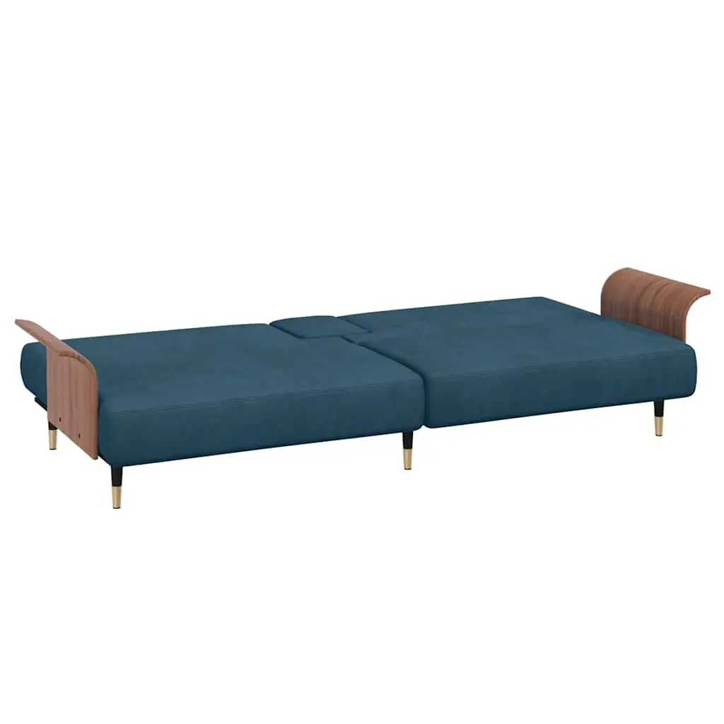 Sofa Bed Blue Velvet with Adjustable Backrest Foldable Tea Table USB Ports and Cup Holders