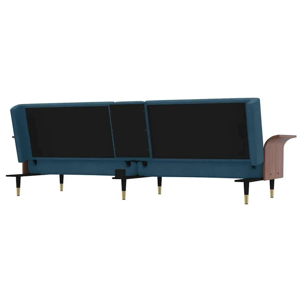 Sofa Bed Blue Velvet with Adjustable Backrest Foldable Tea Table USB Ports and Cup Holders