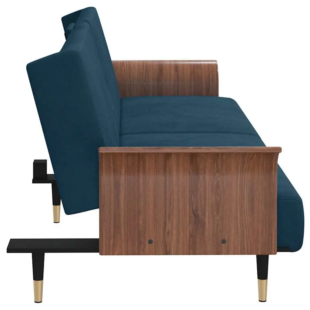 Sofa Bed Blue Velvet with Adjustable Backrest Foldable Tea Table USB Ports and Cup Holders