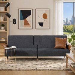 Sofa Bed with Cup Holders Adjustable Backrest Grey Velvet Sleeper Couch