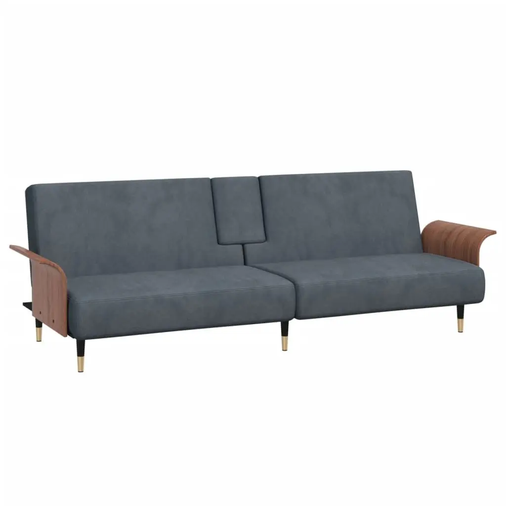 Sofa Bed with Cup Holders Adjustable Backrest Grey Velvet Sleeper Couch