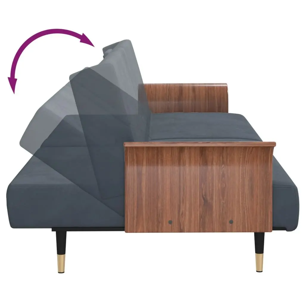 Sofa Bed with Cup Holders Adjustable Backrest Grey Velvet Sleeper Couch