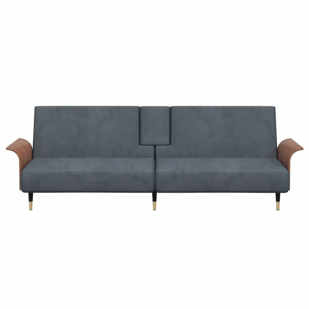 Sofa Bed with Cup Holders Adjustable Backrest Grey Velvet Sleeper Couch