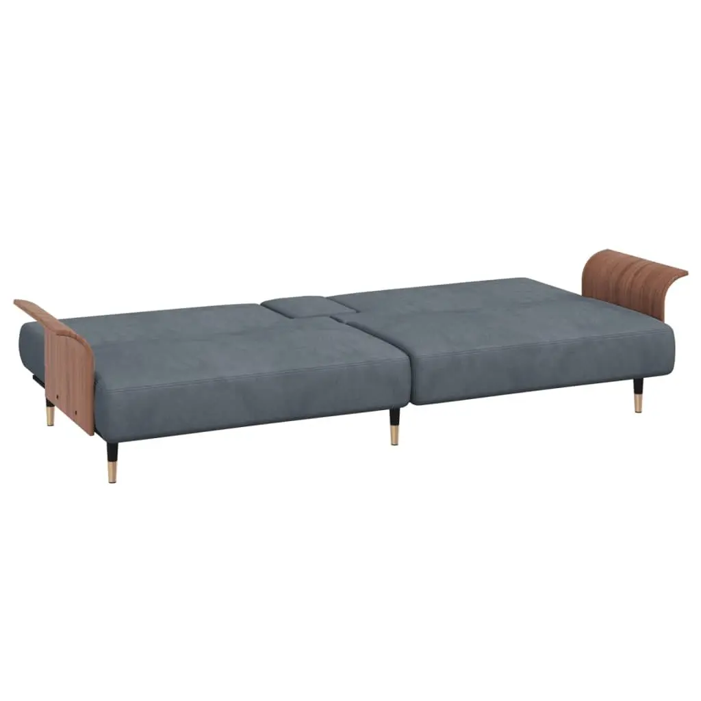 Sofa Bed with Cup Holders Adjustable Backrest Grey Velvet Sleeper Couch