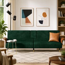 Foldable Tea Table Green Velvet Sofa Bed with USB