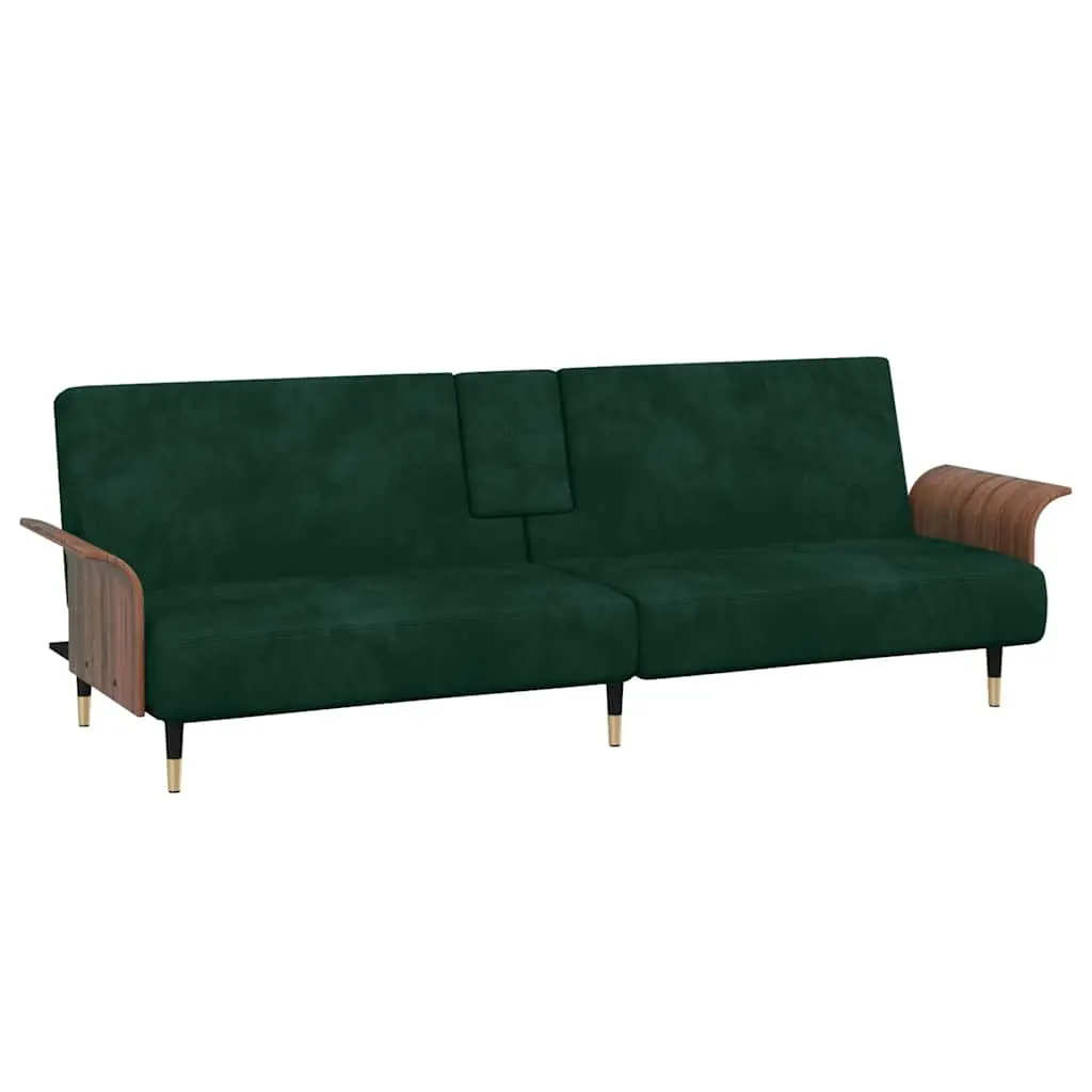 Sofa Bed Velvet Green Adjustable Backrest Foldable Tea Table with Cup Holders and USB Ports