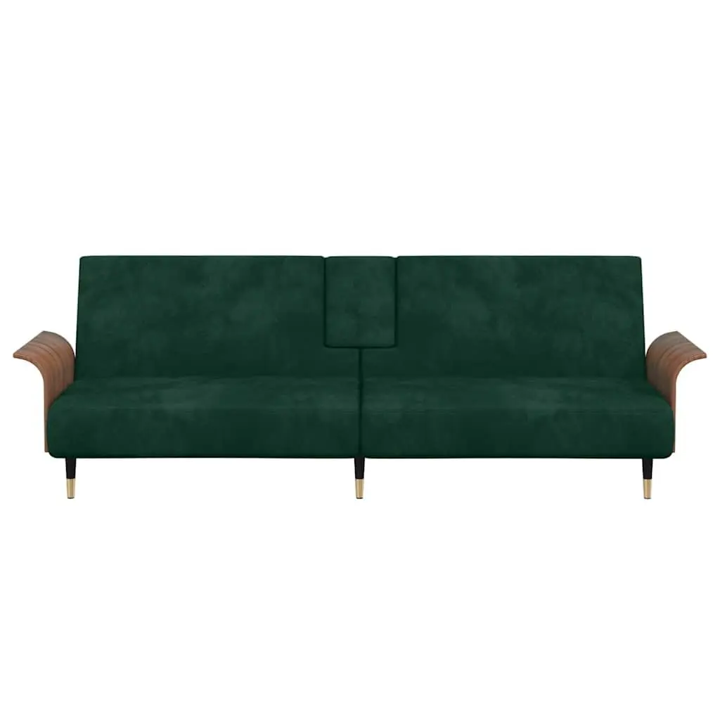 Sofa Bed Velvet Green Adjustable Backrest Foldable Tea Table with Cup Holders and USB Ports