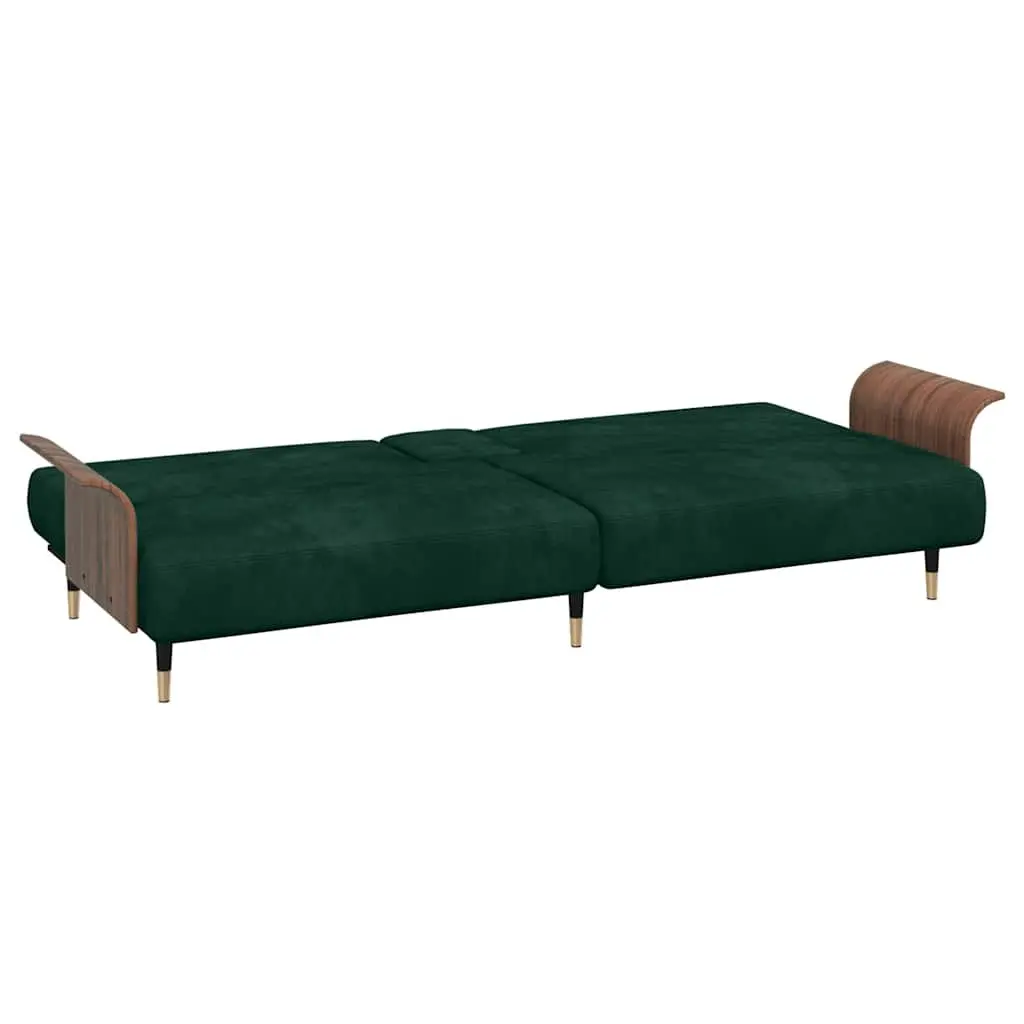 Sofa Bed Velvet Green Adjustable Backrest Foldable Tea Table with Cup Holders and USB Ports