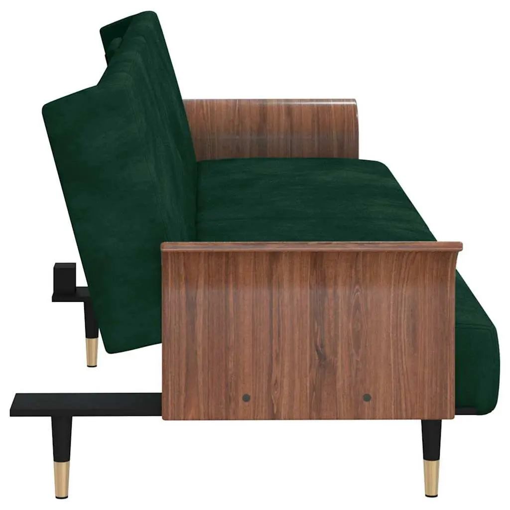 Sofa Bed Velvet Green Adjustable Backrest Foldable Tea Table with Cup Holders and USB Ports