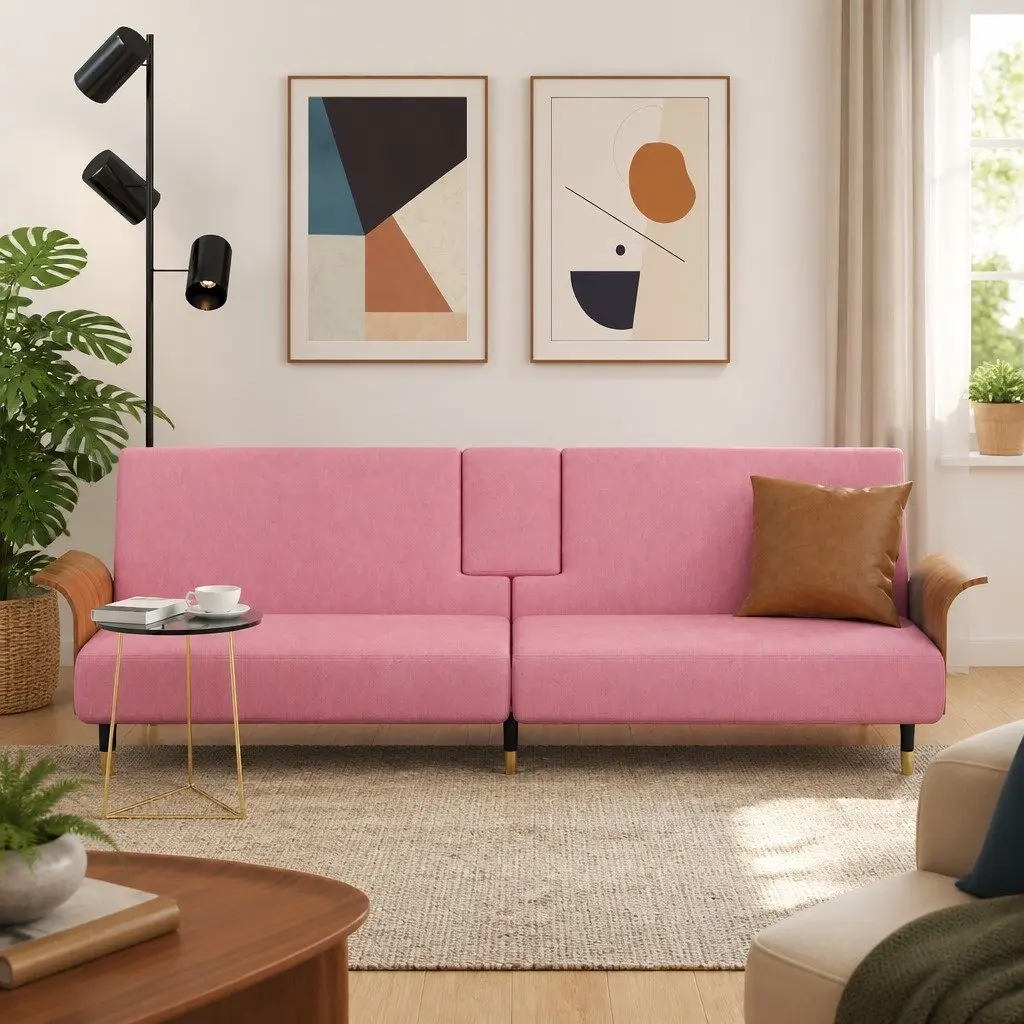 Sofa Bed Velvet Pink Adjustable Backrest Foldable Tea Table with Cup Holders