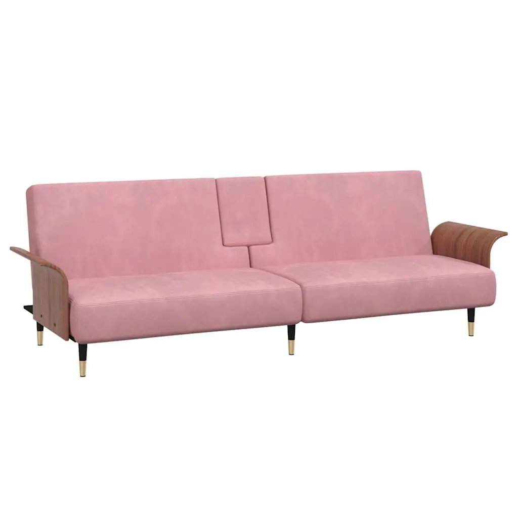 Sofa Bed Velvet Pink Adjustable Backrest Foldable Tea Table with Cup Holders