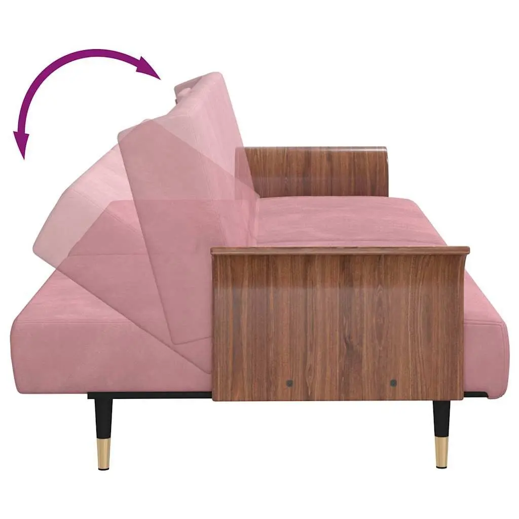 Sofa Bed Velvet Pink Adjustable Backrest Foldable Tea Table with Cup Holders