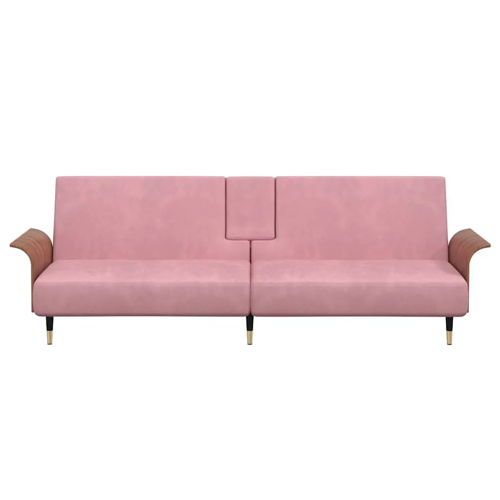 Sofa Bed Velvet Pink Adjustable Backrest Foldable Tea Table with Cup Holders