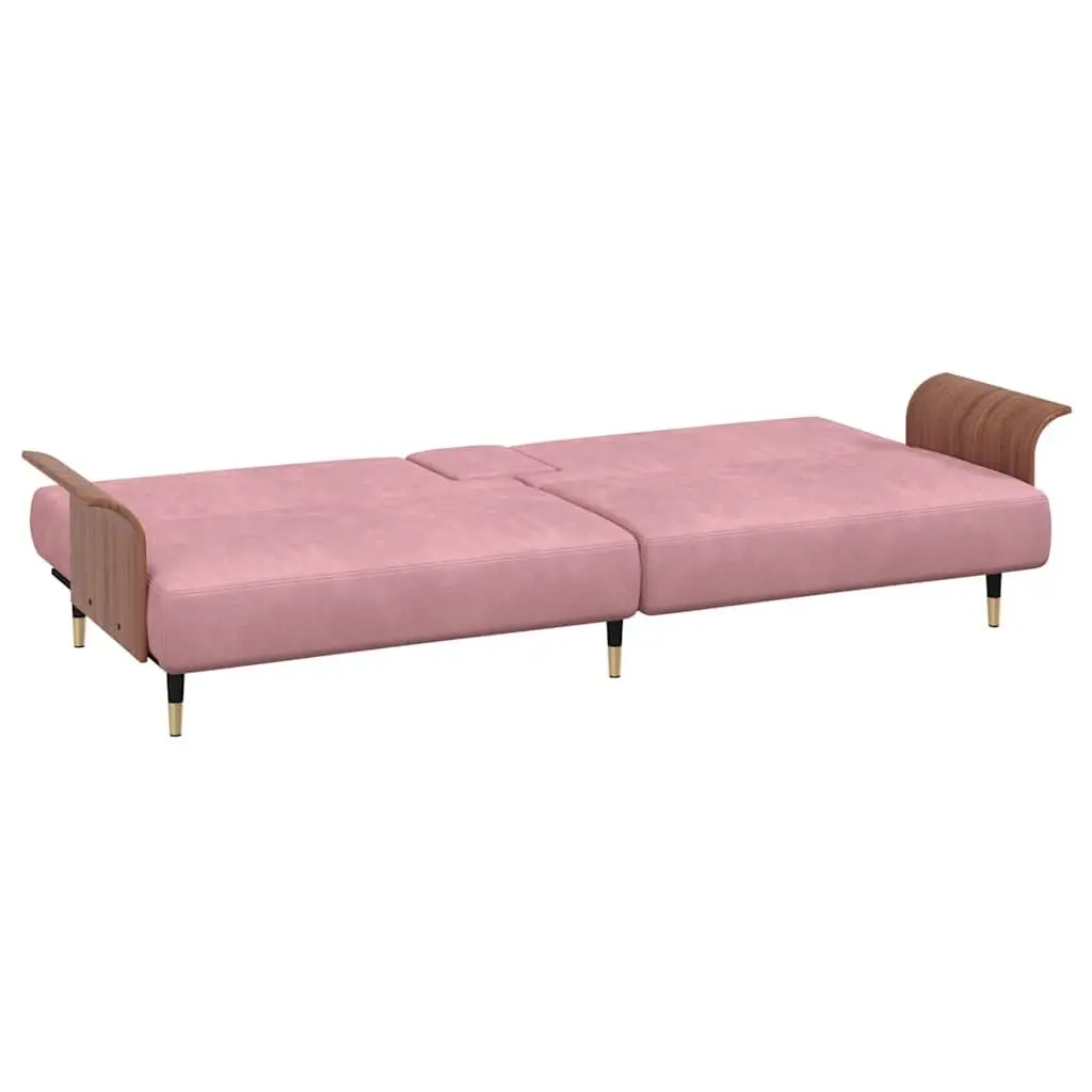 Sofa Bed Velvet Pink Adjustable Backrest Foldable Tea Table with Cup Holders