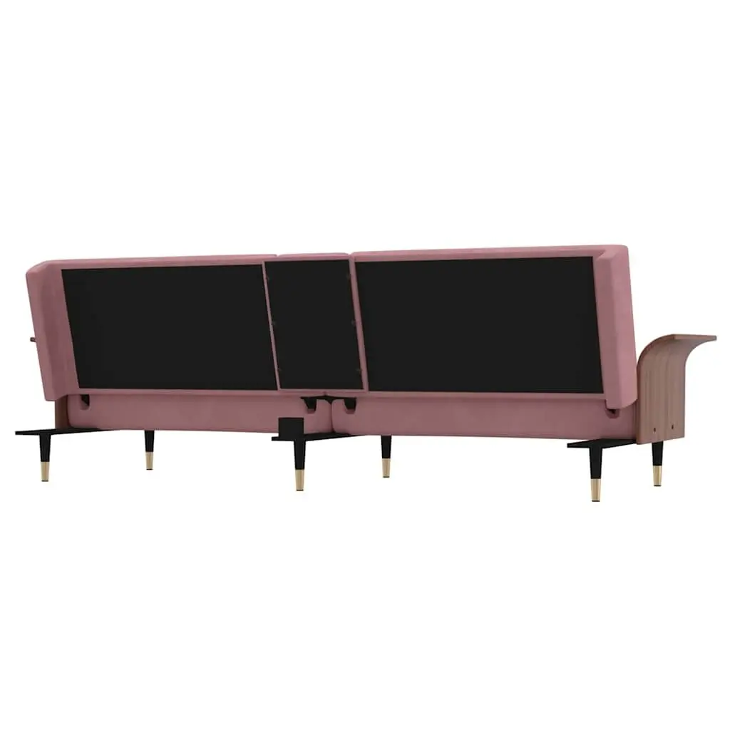 Sofa Bed Velvet Pink Adjustable Backrest Foldable Tea Table with Cup Holders