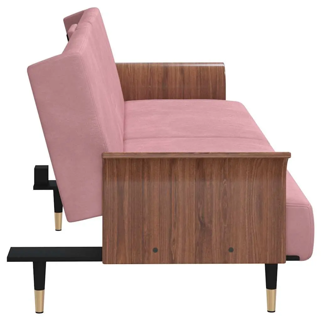 Sofa Bed Velvet Pink Adjustable Backrest Foldable Tea Table with Cup Holders