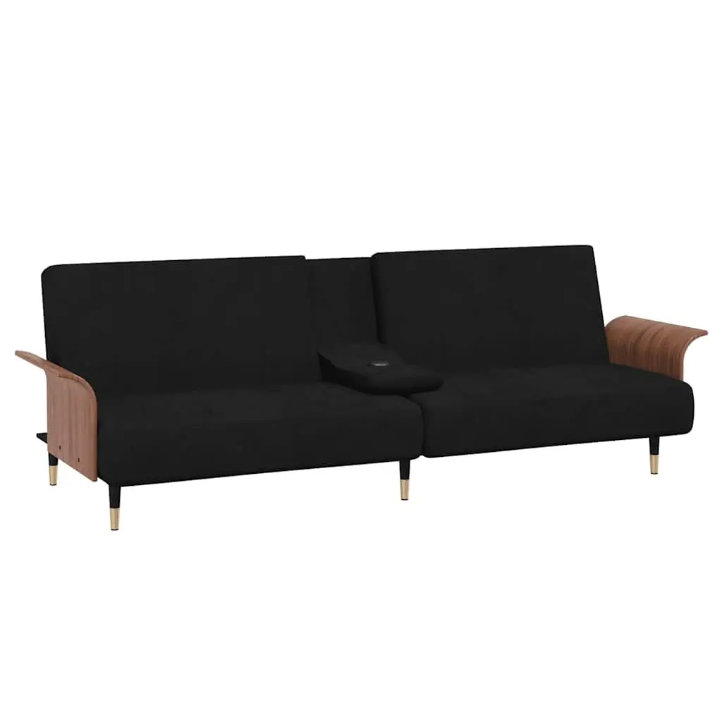 Sofa Bed with Adjustable Backrest Cup Holders Foldable Tea Table Black Velvet