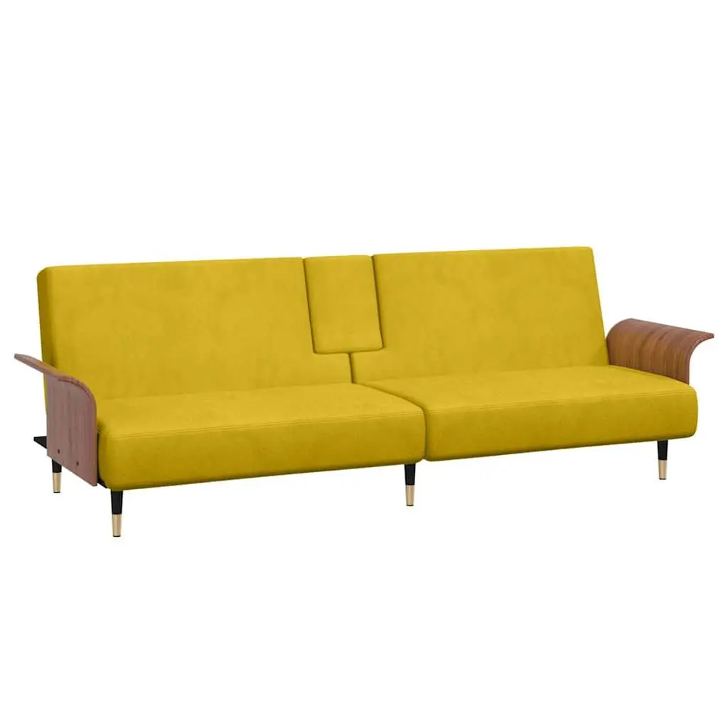 Yellow Velvet Sofa Bed with Adjustable Backrest Cup Holders Foldable Tea Table